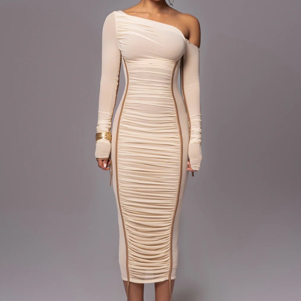 JLUXLABEL One-Shoulder Ruched Midi Dress in Cream